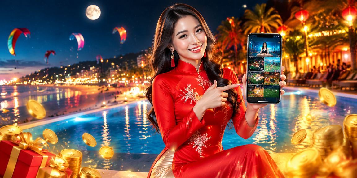 Người dùng tại Mũi Né mặc áo dài truyền thống xem ứng dụng cược casino trên điện thoại bên bãi biển
